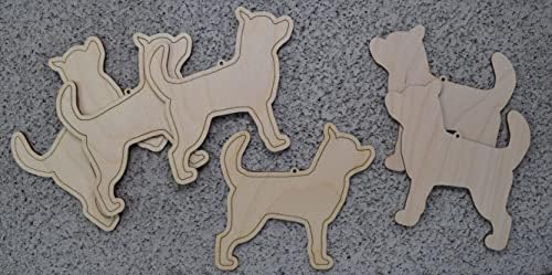 Conjunto de 6 Chihuahua inacabado a laser de madeira cortada em forma de ornamento - feito nos EUA - 4 polegadas de largura