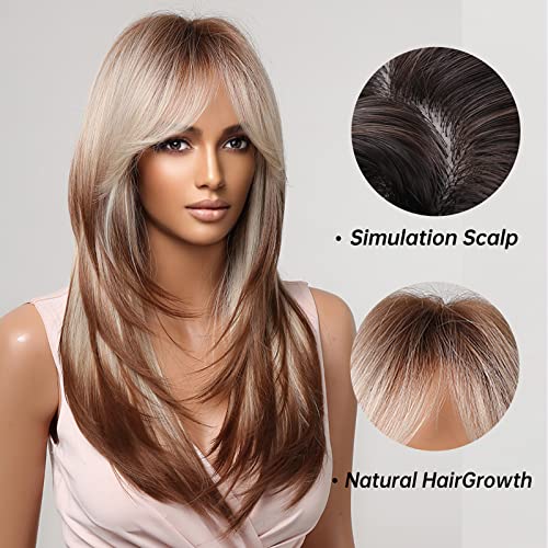 Allbell Long Wigs retas para mulheres brancas Destaque Brown Destaque cabelos grisalhos misturados com franja