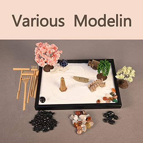 Yoquare Mini Zen Garden Kit - 10 x 7 Zen Garden para mesa com 18 acessórios decoração de jardim de areia incluiu bandeja de areia, rake zen jardim, árvores, pagodes, ponte, pavilhão, boat zen presentes mulheres mulheres