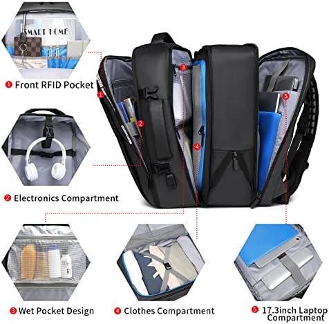 Ai en Jiu Travel Mackpack for Men Mulheres, 50l Expandível Carry On Backpack Flight aprovado por laptop de 17,3 polegadas Backpack, Backpack de Balcão de Negócios à prova d'água com 3 bolsas de malha e 1 bolsa de sapatos, preto