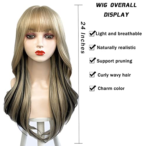 Lotfon24 polegadas Blonde mistura preta longa peruca ondulada com franja para mulheres, cabelo sintético resistente ao calor, perucas fofas naturais para fotografar vídeo/halloween/namoro/festa/externo/uso de cosplay