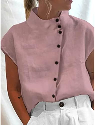 Blusas de linho de algodão para mulheres de lapido de lapela sólida Camiseta de t-shirt Button Camisetas de verão