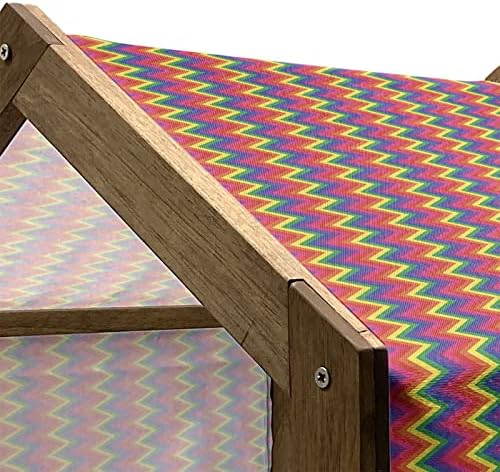 Casa de cães de madeira de Ambesonne Groovy, arco-íris Zig Zag Chevron vertical Chevron Padrão geométrico listrado Cores vibrantes, canil portátil para cão portátil interno e externo com travesseiro e tampa, X-Large, multicolor