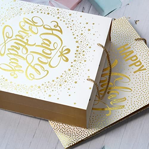 RuifyRayAy 12,6 Grandes sacos de presente de aniversário de ouro 2 pacote, com alças e papel de seda para menino e menina, homens e mulheres