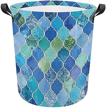 Foduoduo Cesta de lavanderia azul aqua marroquino Trellis Floral Laundry cesto com alças cesto dobrável Saco de armazenamento