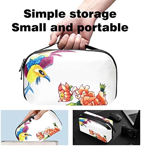 Organizador de eletrônica de pássaro floral branco floral, bolsa de armazenamento de cabo de cabo à prova d'água para viagens em casa, estojo de acessórios eletrônicos para carga de carregamento de cartão USB sd discos rígidos