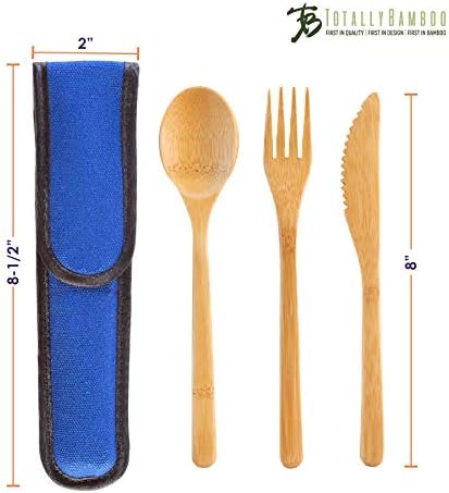Totalmente Bamboo Tomar utensílios reutilizáveis ​​com estojo de viagem azul | Inclui colher de bambu, garfo, faca