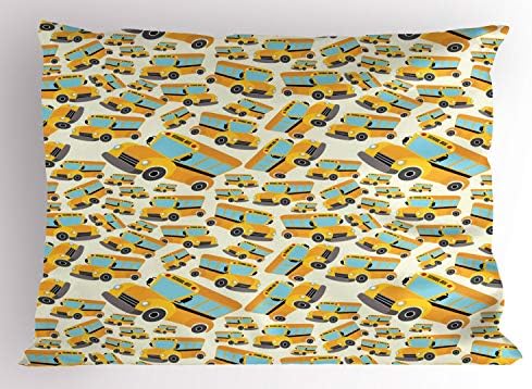 Ambesonne Bus Pillow SHAM, Ilustrações do veículo Padrão de fundo Padrão Repetitivo Doodle Para Little Ones, Tamanho Decorativo Tamanho Presidente de Tamanho