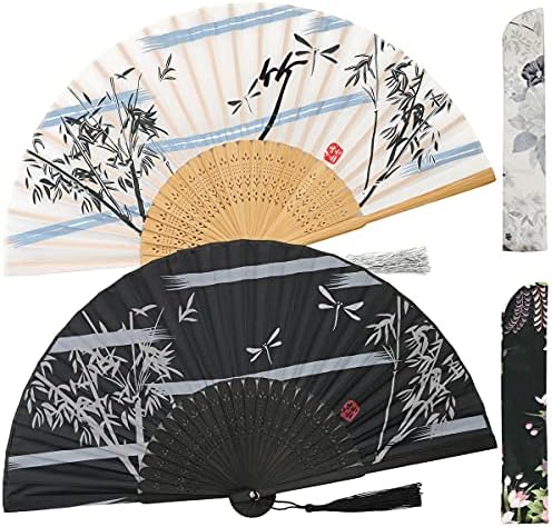 Leehome pequenos fãs de mãos dobráveis ​​para mulheres - chineses japonês 2pcs vintage fãs de seda de bambu vintage - para dança, festival de música, casamento, festa, decorações, presente.