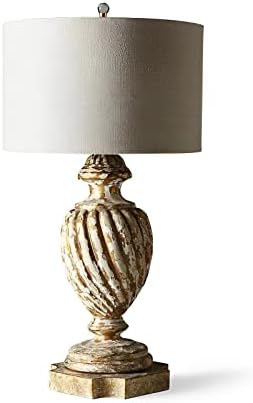 Lâmpada de mesa de madeira retrô francesa, lâmpada de papel alumínio de ouro em espiral esculpida à mão, lâmpada de cabeceira