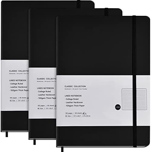 3 Pack College governou cadernos de composição clássicos de capa dura de couro de couro de couro b5 Notebooks para o escritório em casa, 10,2 x 7,5, papel de espessura de 100gsm, 160 páginas