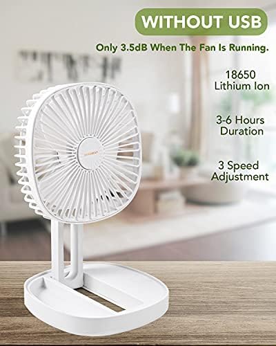 Mocamola Small Desk Fan, Desigh aromático com vento silencioso de 3 velocidades, USB alimentado com mini -ventilador ajustável portátil para casa, escritório, viagem, camping, externo, interno, carro, 4,9 polegadas brancas