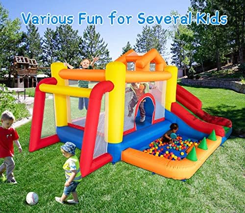 Baralir 6 em 1 Bounce Inflatable House com pit slide e bola para crianças, trampolim, escalada, gol de futebol e basquete