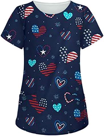 4 de julho camisetas para mulheres bandeira americana de verão de manga curta V camisetas pescoço com 2 bolsos Bloups Holiday Casual Workwear