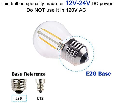 Opalray 2W LED Mini Globe Bulb, AC 12V, DC 12V, diminuído com DiMer DC, E26 Base média, 2700k Luz branca quente, substituição incandescente de 25w, sistema solar 12 volts de bateria, 2 pacote de 2 pacote