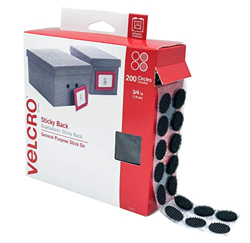 Velcro Brand Dots com preto adesivo | 200 pk | Círculos de 3/4 | Gancho redondo e fechos de loop para organização, artesanato, projetos escolares