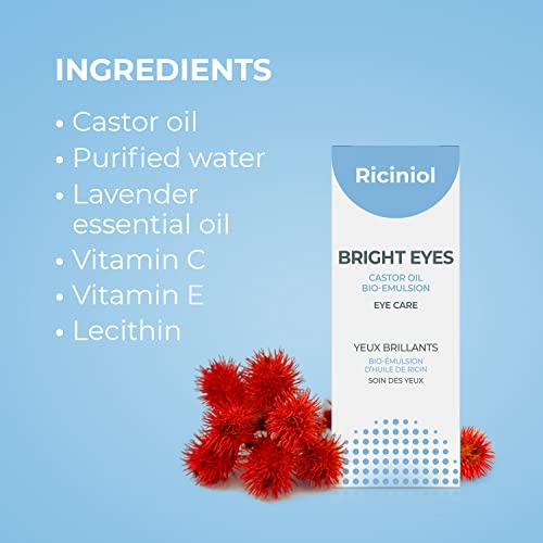 Olhos brilhantes do riciniol - Emulsão de óleo de mamona enriquecida com vitaminas C, E e óleo essencial de lavanda.
