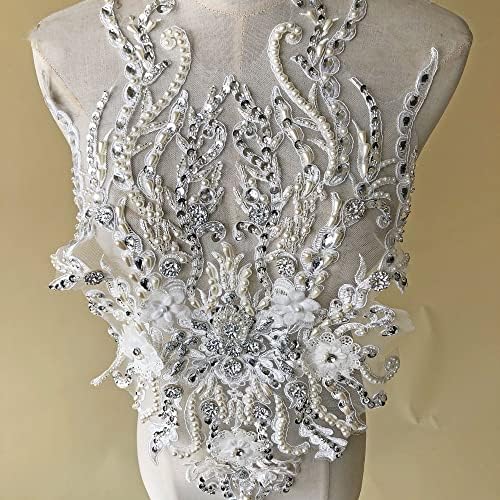 Deslumbrante 3D Flower Lace Patch lantejous de bordado de bordado de bordado Apliques de corpete de cristal para vestido de noiva