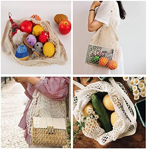 5 bolsas de supermercado de malha de algodão reutilizável com alça longa com sacolas de rede de saco de saco de vegetais Bolsa