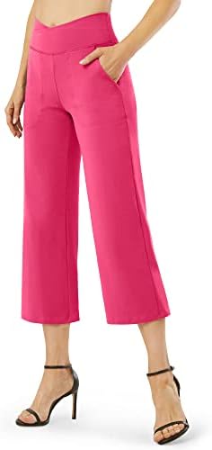 G4 Free Womens Wide perna Capri Pants estrias Calças cruzadas de cintura alta Coloque calças com bolsos para trabalho