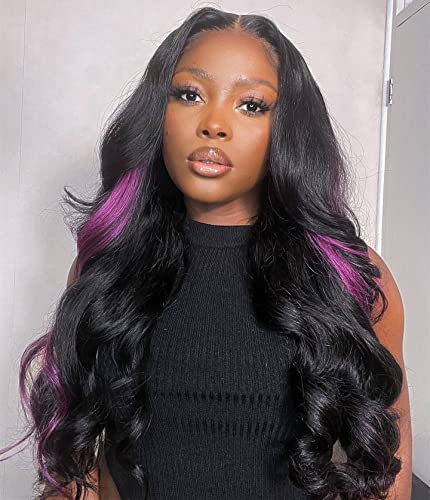 Destaque Purple com perucas de ondas corporais pretas e pretas naturais para mulheres negras 4x4 Lace Wig Lace Clear