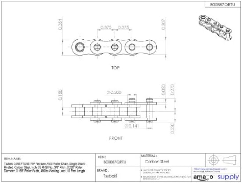 Tsubaki 35ntrb Netuno Ansi Chain de rolo, fita única, arbitada, aço carbono, 35 ANSI No., 3/8 Pitch, 0,200 Diâmetro