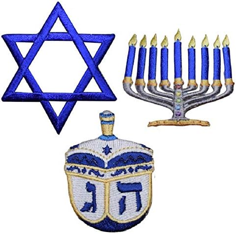 Ferro em remendos decorativos de apliques - Hanukkah Applique Patch Conjunto - Estrela de David Menorah Dreidel - Perfeito