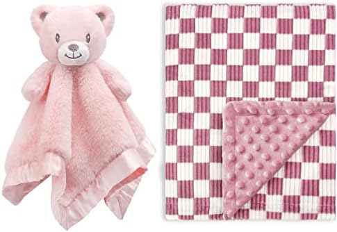 Cobertor de segurança beilimu bebê urso + manta de bebê em barra de xadrez 3D para meninos meninas rosa 30 x 40 polegadas