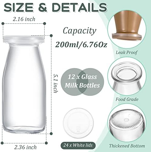12 pacote de 6,76 oz garrafas de vidro com tampas de vidro transparente garrafa de leite com vidro reutilizável jarra de leite de leite garrafa de armazenamento de leite 200 ml Breakfast vintage Shake recipiente para bebidas de suco de água potável.