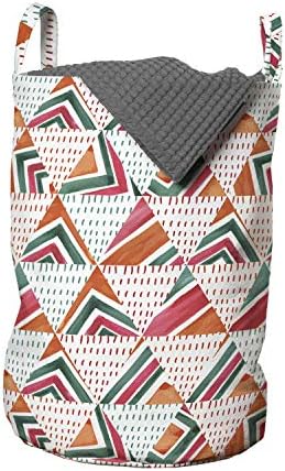 Bolsa de lavanderia tribal de Ambesonne, vibrante triângulo de aquarela de triângulo atemporal desenhado padrão de doodle, cesta de cesto com alças fechamento de cordão para lavanderias, 13 x 19, laranja jade verde rosa verde