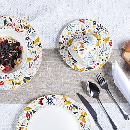 Fanquare 16 peças de porcelana vintage conjunto de utensílios para 4, placas florais e tigelas, pratos de cozinha com canecas, borboleta