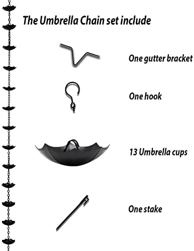 Treekosten45 Cadeia de chuva para Calhas guarda-chuvas de 8-1/2 pés em pó preto revestido com adaptador de calha e estaca de âncora.