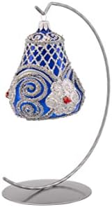 Galeria Polonesa de Christmas Bell Ornament Glass Blown Glass, Royal Inspired Hand decorado com enfeites de prata Royal Blue Royal