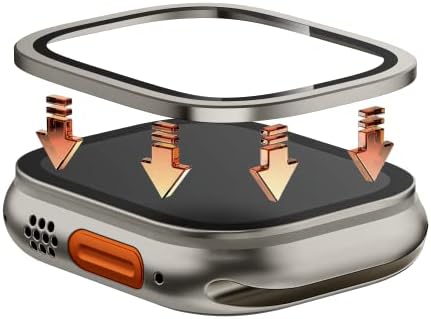 3 pacote projetado para Apple Watch Ultra Screen Protector, vidro temperado+estrutura de liga de alumínio, projetada para acessórios Apple Watch Ultra, para iWatch Clear Cover 49mm, laranja+preto+cor de titânio