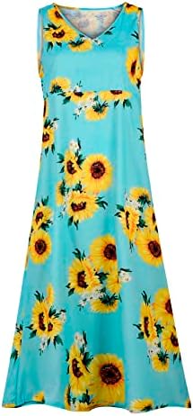 Vestidos de praia de verão feminino de Ruziyoog sem mangas v pescoço de girassol graphic impressão cami tanque vestido