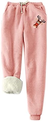 Christmas feminino lã de lã Sorto de moletom inverno sherpa sherpa ladeado risque calças calças renas prenda calças harem calça