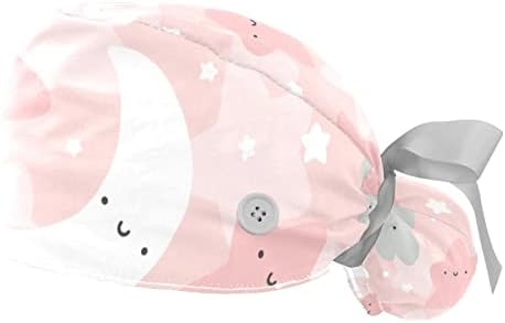2 Pacote de tampas de trabalho com banda de suor para mulheres, desenho animado nuvem rosa lua e estrelas