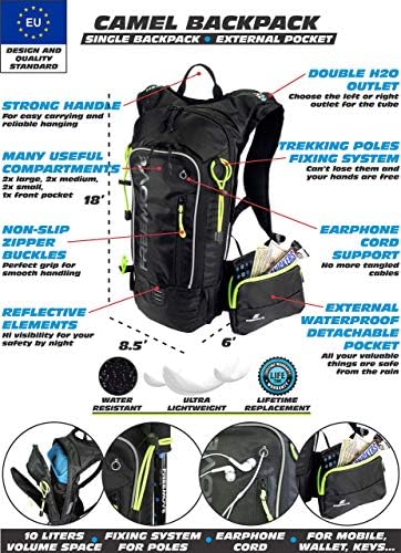 Freemove Daypack Backpack - Preto + 2L Bolsa de hidratação com bolsa mais refrigerada - azul + abas de limpeza 24