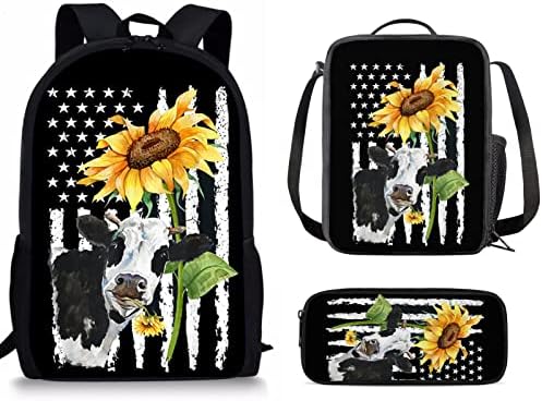 Coloranimal American Flag Cow Sunflower School Bag Bookbag para estudante de escola primária de estudante de estudante