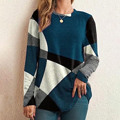Sweater de manga comprida redonda casual para mulheres, moletons com estampas geométricas caem camisas de blusa de pulôver solta