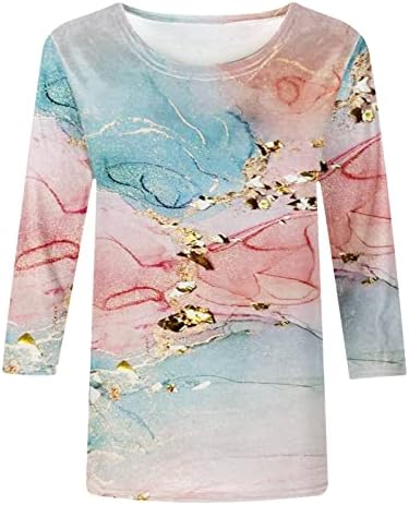 Tops de verão para mulheres se encaixam no padrão de pintura de paisagem camisetas de pescoço redondo blusas de pulôver slim 3/4 camisetas soltas de manga