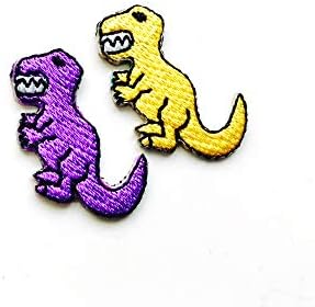 O conjunto de 2 minúsculos. Mini T-Rex Dinosaur Amarelo Cor Purple Color Dinosaur Patches de logotipo de desenho animado Costurar ferro em apliques de apliques de apliques bordados traje de roupas