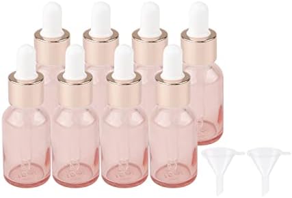 Kesell 8 pacote de 15 ml de gotas de conta-gotas rosa, 1/2 oz de frascos de amostra de vidro reabastecido de vidro de vidro Óleos essenciais de perfume DIY Blends Liquid Travel Recurter, com tampa de ouro rosa e 2 funis