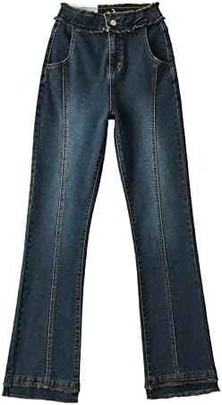 Mulheres rasgadas de jeans de flare calça jeans de jeans de jeans com bolso casual perna reta Denim de fundo de fundo de
