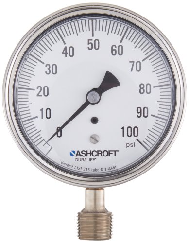 ASHCROFT DURALIDE TIPO 1009SW Bedeiro de pressão de aço inoxidável com sistema de aço inoxidável, tubo de bourdon de aço inoxidável e soquete, tamanho de discagem de 3-1/2 , conexão inferior de 1/2 NPT, faixa de 0-100psi