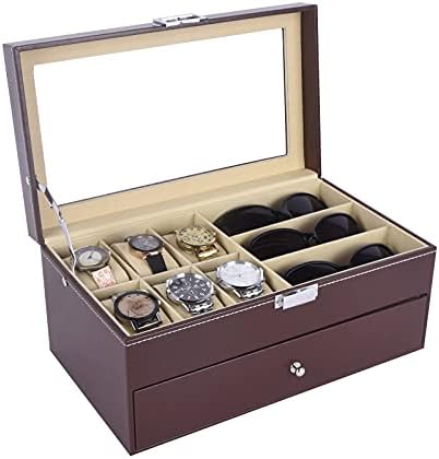 Autoark Leather 6 Watch Box Jewelry Case e 9 peças de armazenamento e óculos de óculos de sol Display Display Lockable Case