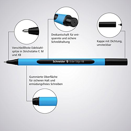 Caneta esferográfica da borda do slider schneider, 1,4 mm, barril azul claro, tinta preta, caixa de 10 canetas
