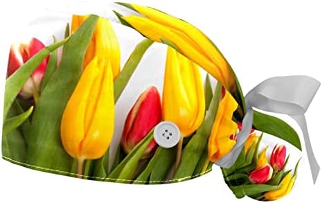 Capas médicas para mulheres com botões de cabelo comprido, tampa de trabalho ajustável de 2 peças, tulips flor bloom multicolored
