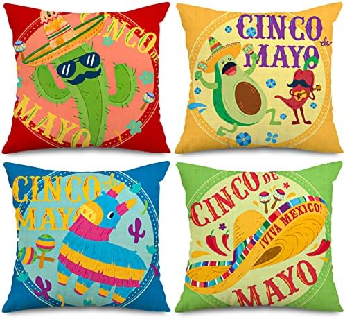 AnyDesign mexicano Fiesta joga Capas de travesseiros Cinco de Mayo Caixa de travesseiro colorido Caso de abacate mexicano Cactus para festas em casa Supplies de decoração de festa, 18 x 18 polegadas, 4pcs