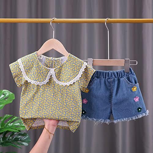 Xbgqasu Toddler infantil roupas meninas roupas de manga curta Impressão floral camiseta de jeans Top shorts casuais 2pcs